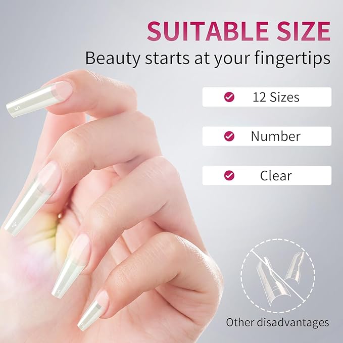 krofaue Natural Acrylic Nail Tips - 600PCS Half Cover Coffin False Nails 12 Size with Box for Salon and Home DIY