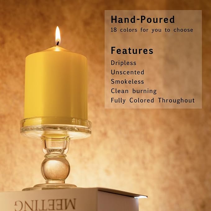 MOZEAL 3" x 6" Hand-Poured Unscented Yellow Pillar Candles,Dripless Candles Set of 3,Long Lasting Burning,Approx 100 Hours Burn Time for Wedding,Dinner,Christmas and Home Decor