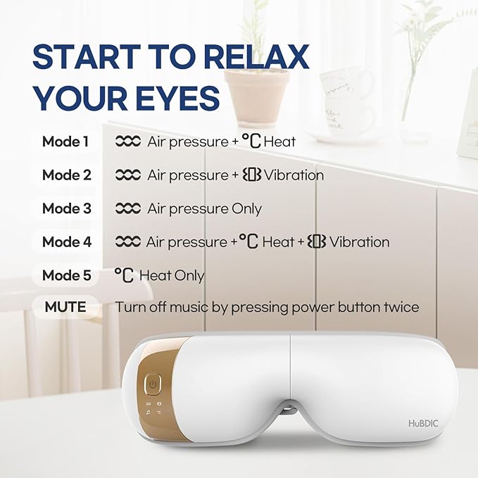 HubiCare Eye Massager with Heat, Vibration, and Music Helps Relieve Strain, Dark Circles, Dryness, and for Migraine Relief Relaxation and Better Sleep Gifts for Women/Men (White)