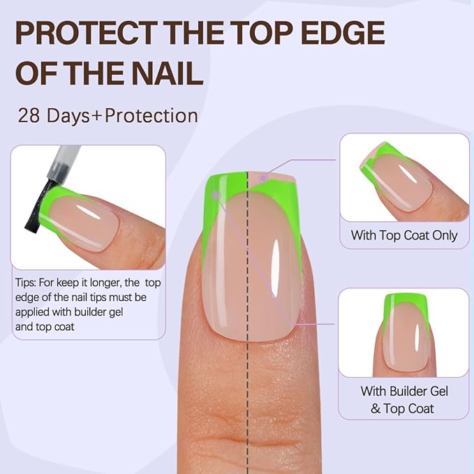 Misssix XBASICTIPS Green French Tip Press On Nails, 150Pcs French Gel Nail Tips Short Square, Soft Gel Pre-shaped No Need to File 3 in 1 Tips, Fake Nails for Nail Art DIY Extension Designs 15 Sizes