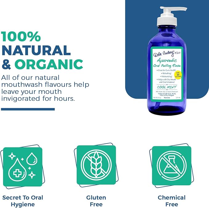 Ayurvedic Oil Pulling for Teeth and Gums | Organic Mint Flavored Oral Rinse Mouthwash | Natural Essential Oils | Cobalt Glass Bottle Pump for Teeth Whitening and Fresh Breath-8 FL Oz