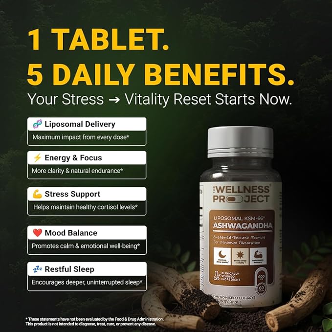 The Wellness Project (TWP Liposomal KSM-66® Ashwagandha 600mg (Root-only Extract) – 2-Month Supply | Supports Calm, Energy & Relaxation | Comes with Certificate of Analysis | 60 Tablets (Pack of 3)