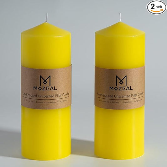 MOZEAL 3" x 8" Hand-Poured Unscented Candles,Large Yellow Pillar Candles Set of 2,No Drip,Approx 120 Hours Long Burning,Wedding,Dinner,Christmas and Home Decor（3 Inch Diameter 8 Inch Height）