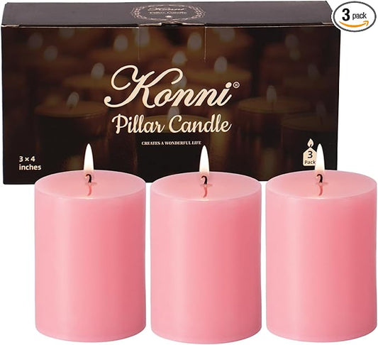 KONNI Pink Pillar Candles Set of 3, 3"x 4" Unscented Pillar Candles Bulk, 39 Hours Long Burning Candles, Smokeless&Dripless Large Round Candle for Wedding, Home Decoration, Parties, Spas, Dinner