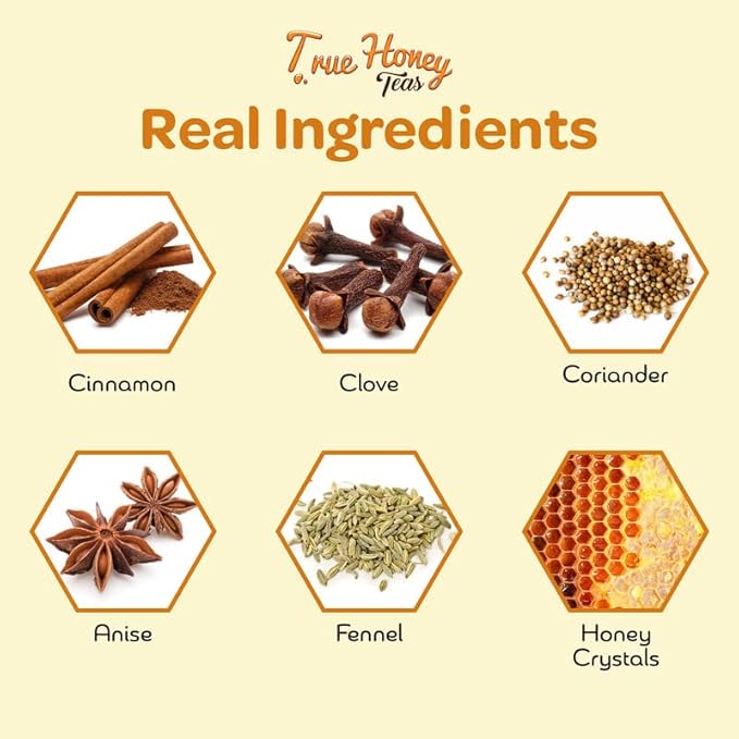 True Honey Chai Tea Bags - Providing Herbal Wellness - All Natural Organic Cinnamon, Clove, Coriander, Anise and Fennel Black - Blended with Honey Crystals Blended - 24 Count