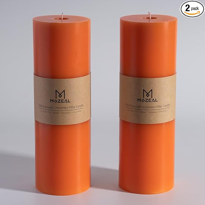 MOZEAL 4" x 12" Extra-Large Orange Pillar Candles (Set of 2), Unscented,Dripless, Smokeless,Long Clean-Burning,These Tall 12 inch Large Orange Pillar Candles Perfect for Halloween and Fall Decor