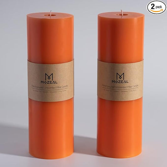MOZEAL 4" x 12" Extra-Large Orange Pillar Candles (Set of 2), Unscented,Dripless, Smokeless,Long Clean-Burning,These Tall 12 inch Large Orange Pillar Candles Perfect for Halloween and Fall Decor