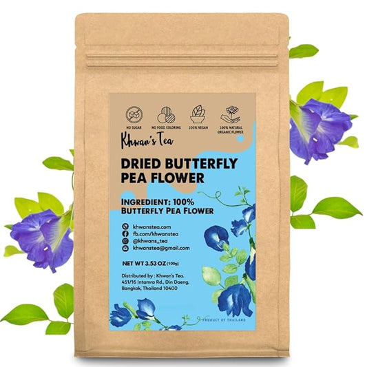 KHWAN'S TEA Dried Butterfly Pea Flowers Blue Tea Clitoria Ternatea Flower Herbal Tea, Caffeine Free, Vegan Plant Based, 3.53 oz (100g)