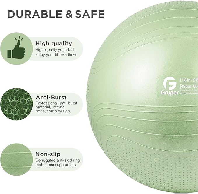 Gruper Yoga Ball, 18-30 Inch Extra Thick Exercise Ball for Workout Fitness Balance, Anti Burst Chair for Home and Office Desk, Includes Hand Pump & Workout Guide Access