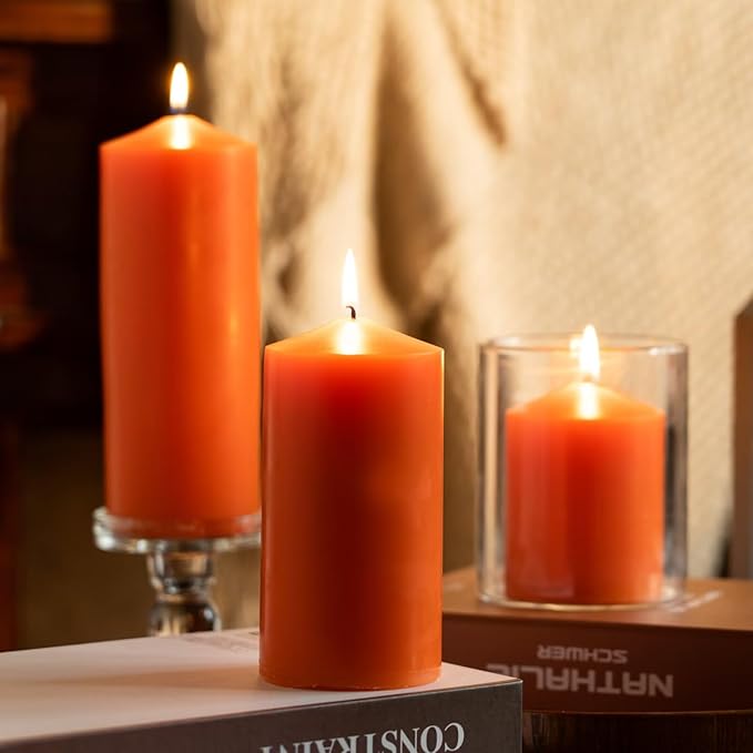 MOZEAL 3" x 8" Hand-Poured Unscented Candles,Large Orange Pillar Candles Set of 2,No Drip,Approx 120 Hours Long Burning,Thanksgiving,Halloween,Fall and Home Decor（3 Inch Diameter 8 Inch Height）