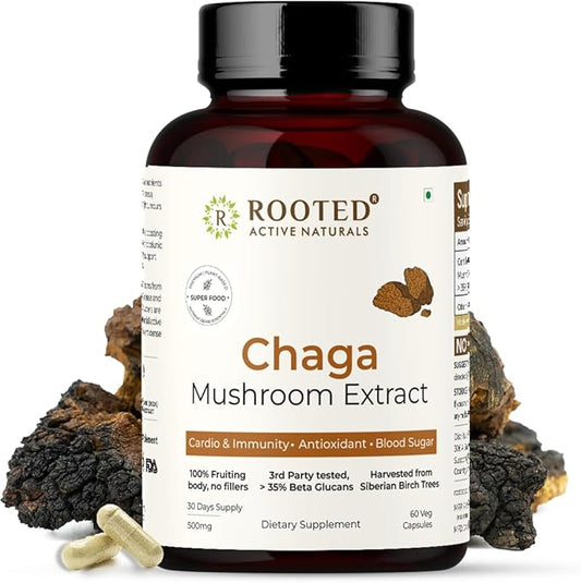 ROOTED Actives, Siberian Chaga Mushroom Extract, Certified Organic| 35% Beta Glucans - Lab Verified | Antioxidant & Vitality Support (60 Veg Caps)
