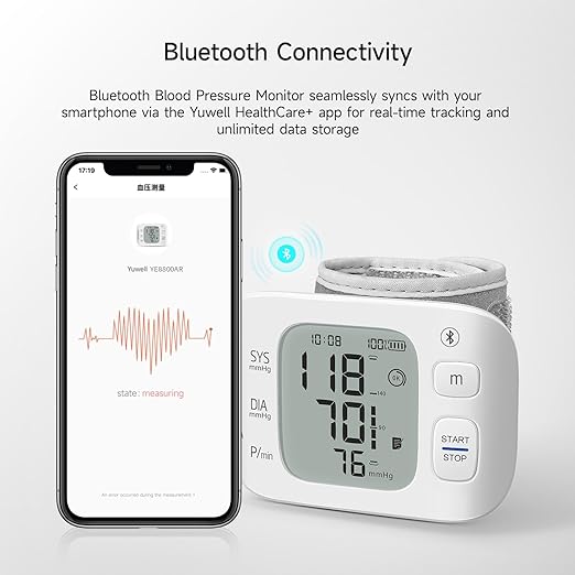 yuwell Smart Wrist Blood Pressure Monitor with Bluetooth | Medical Grade, BP Machine for Home Use | Ultra Light Weight, Smart Inflation Cuff, Large Display, Rechargeable Battery, App for iOS & Android