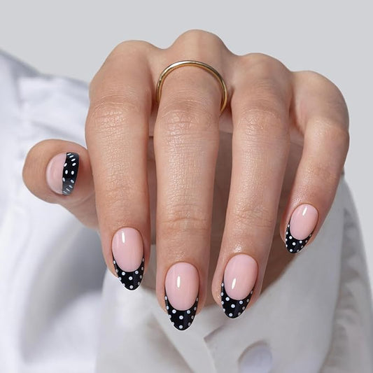 Black French Tip Press on Nails Short - Polka Dots, Soft Gel Almond Press on Nails for Women, Seamless Fit Glue on Nails in 16 Sizes - 32 Reusable Fake Nails Kit with Glue