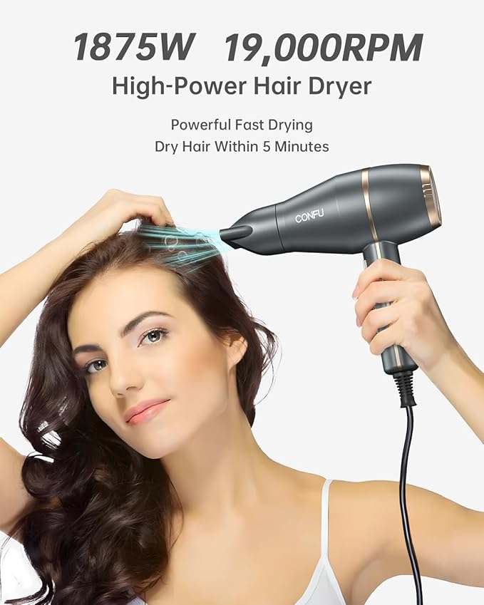CONFU Hair Dryer, Hair Dryer with Diffuser 1875W, Negative Ionic Blow Dryer for Women & Men, Small Blow Dryer for HOM