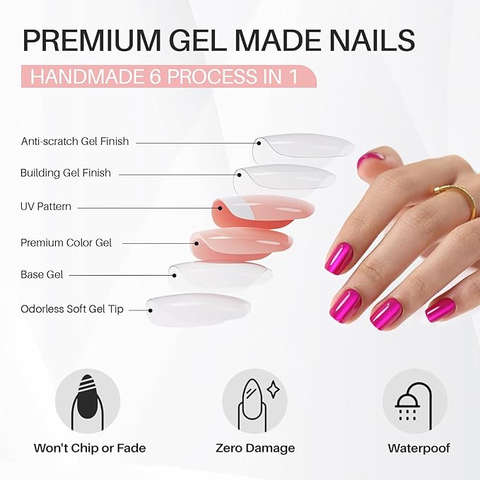 Hot Pink Press on Nails Short - Cat Eye Press on Nails Square for Women Gift, Natural Fit & Glossy Stick on Nails in 16 Sizes - 32 Reusable Soft Gel Fake Nails with Glue, Hot Pink