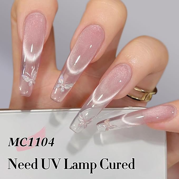 Double Rhythm Jelly Glass Cat Eye Gel Polish with Magnet 15ML Holographic Glitter Shimmer Translucent Sheer Color Magnetic Nail Polish Salon DIY at Home (Jelly Pink Nude-MC1104)