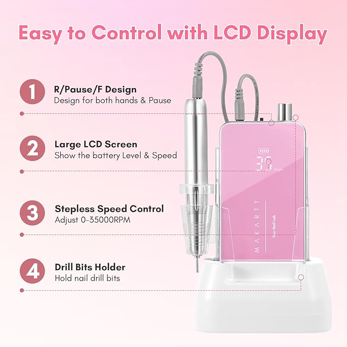 Makartt Nail Drill Professional: 60W 35000RPM Electric Nail File with Coreless Motor, 2 in 1 Desktop & Portable, Drill Bits and LCD Display for Acrylic Gel Nails, Nouvella Pink