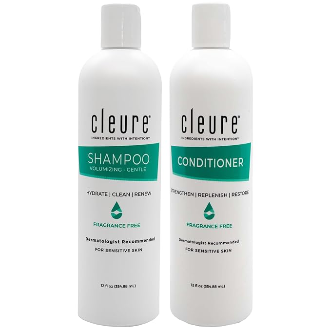 Cleure Shampoo and Conditioner Set Sulfate Free, Fragrance Free for Sensitive Skin - Volumizing Shampoo & Hydrating Conditioner (12 Oz each, Pack of 2)