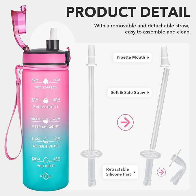 Enerbone Water Bottle, Leakproof BPA & Toxic Free, Motivational Water Bottle with Times to Drink and Straw, Fitness Sports Water Bottle with Strap for Office, Gym, Outdoor Sports