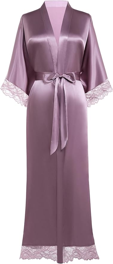 BABEYOND Satin Kimono Robe Silky Long Bridesmaid Wedding Lightweight Bath Robe with Lace Trim