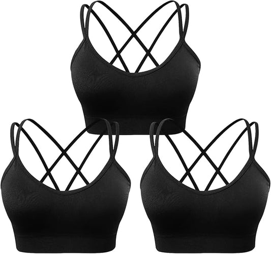 Women's Cross Back Sports Bra Padded Strappy Medium Support Yoga Bra for Workout Fitness 3 Pack