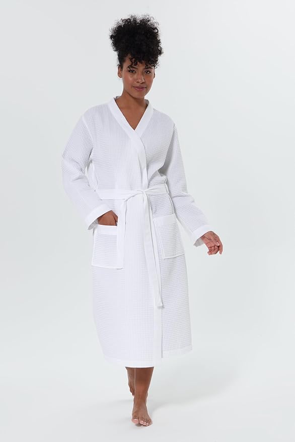 SEYANTE Women’s Luxury Waffle Shawl Collar, Hooded Robe w Piping – Lightweight, Long, Ultra Soft Spa Sleepwear Bathrobe