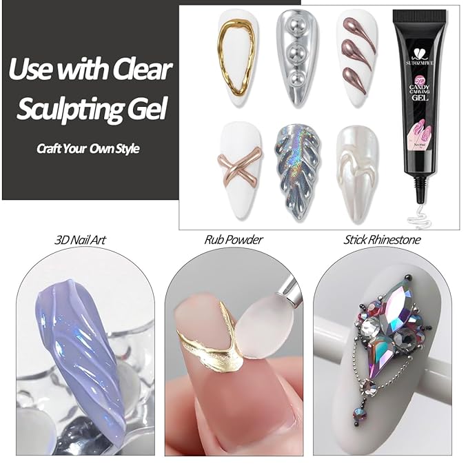 Chrome Nail Powder and 3D Nail Gel Kit, Metallic Mirror Glitter Effect Chrome Powder For Nail Art, Holographic Aurora Iridescent Dip Dust Pigment and 10g Sculpting Gel Set for Nail Decor DIY