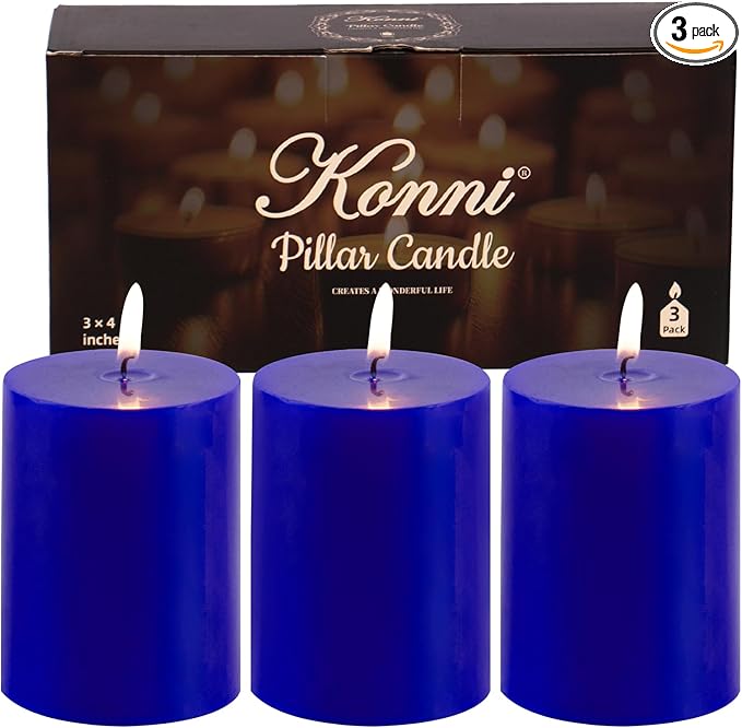KONNI Classic Blue Pillar Candles Set of 3, 3"x 4" Unscented Pillar Candles Bulk, 42 Hours Long Burning Candles, Smokeless&Dripless Large Round Candle for Wedding, Home Decoration, Parties, Spas