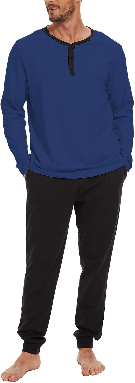 Men's Pajama Set with Henley Neckline 100% Cotton Soft and Comfortable Nightwear 2-Piece Lounge Set