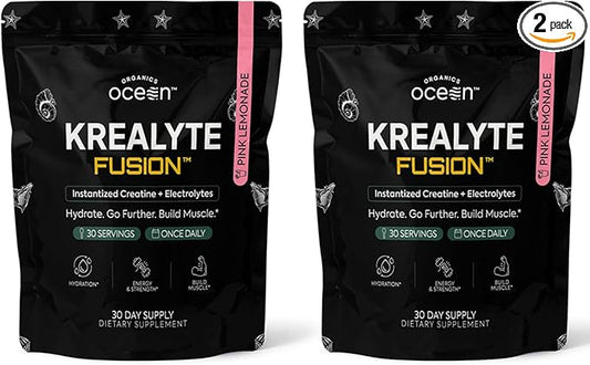 Organics Ocean Krealyte Fusion - Instantized Creatine Monohydrate Powder with Electrolytes - Muscle Strength, Endurance & Hydration Support - Vegan, Sugar-Free, Pink Lemonade Flavor - 60 Servings
