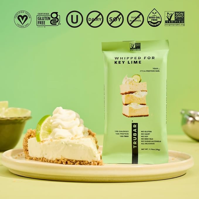 TRUBAR Vegan Protein Bar, Whipped for Key Lime, Gluten Free, Plant Based, High Fiber, Dairy Free, Low Fat, Non GMO, No Sugar Alcohols, 12G Lean Protein, 13G Fiber, Healthy Snack Bars, 12 CT