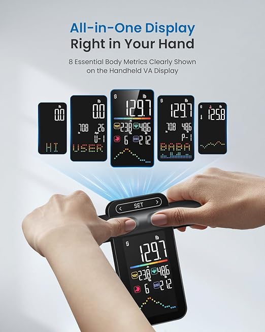 Scale for Body Weight 8 Electrodes Dual Frequency BIA Measurement Digital Bathroom Scale with Handle VA Display 28 Body Metrics Compatible with iOS & Android