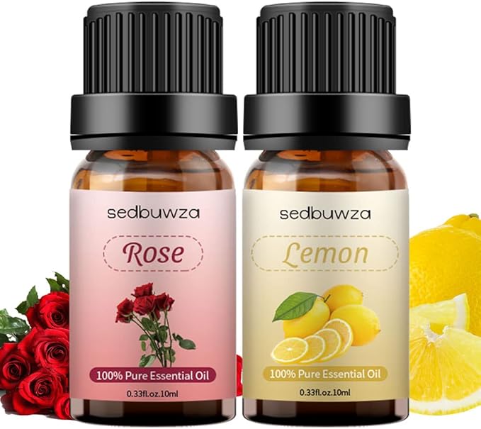 Sedbuwza Rose Lemon Essential Oil Set, Rose Fragrance Oil Lemon Scent Oil Set for Diffuser, Aromatherapy, Massage, Soap, Candle Making 2 x 10 ml