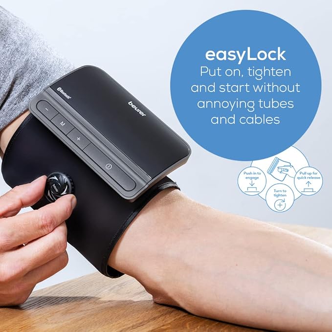 Beurer BM81 easyLock Automatic Upper Arm Blood Pressure Monitor, Smart Cuff Without Cables for Fast Measurement, Data Transfer to Apple Health and co., Bluetooth, 240 Memory Sets