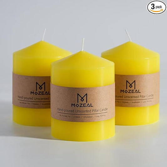 MOZEAL 3" x 4" Hand-Poured Unscented Yellow Pillar Candles,Dripless Candles Set of 3,Smokeless,Clean Burning,Approx 60 Hours Burn Time,Wedding,Spring,Christmas and Home Decor（3 Inch Width Series）