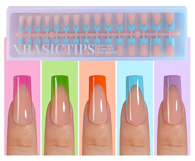 Misssix XBASICTIPS French Gel Nail Tips, 150Pcs Soft Gel French Tip Press on Nails, Long Square Pre-Shaped Fake Nails, No Need to File for Art DIY 15 Sizes