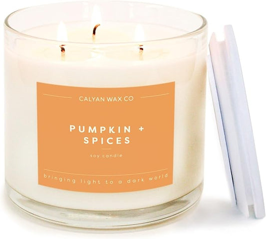 Calyan Wax Co. 3 Wick Candle, Pumpkin + Spice Scented Candle, 43 Hour Burn Time, 3 Wick Soy Candles, Non Toxic & Vegan Soy Wax, Glass Jar Holiday Scented Candles, 14.9oz
