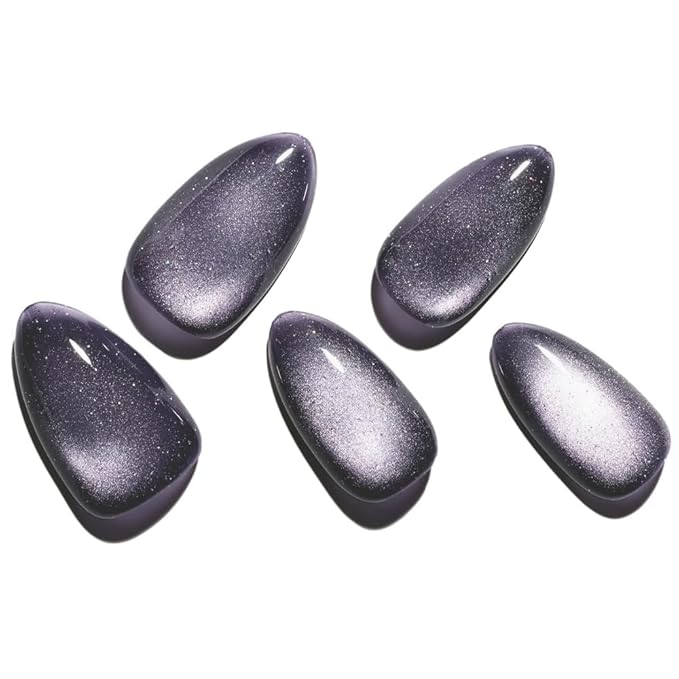 GLAMERMAID Dark Purple Magnet Cat Eyes Press on Nails Short Almond, Black Aurora Handmade Jelly Gel Fake Nail Kit, Ombre Glitter Magnetic Glue on Nail Stiletto, Medium Oval Stick on False Nail Women