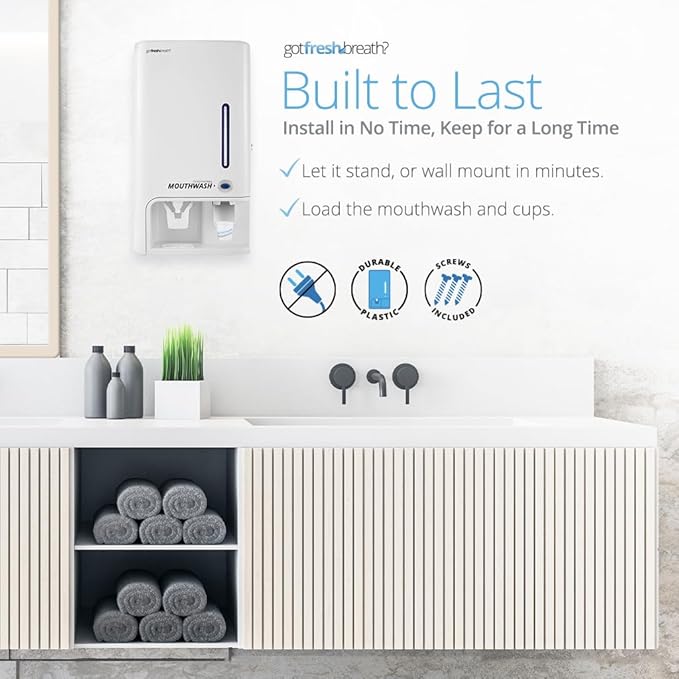 GotFreshBreath Manual Mouthwash Dispenser with Cup Holder – Standing or Wall-Mounted, Slim, Commercial Mouthwash Dispenser with 100 Cups & 50 Oz. Alcohol-Free Mouthwash (White)