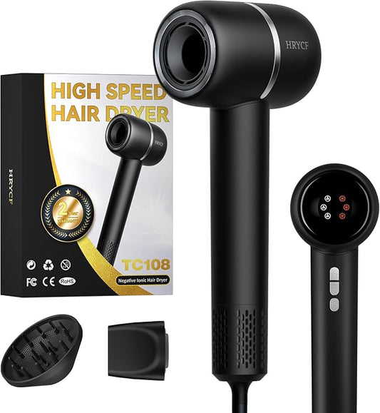 Fast Drying High Speed Hair Dryer,Negative Ionic Care Blow Dryer,Less Heat Damage Blow Dryer with Brushless Motor,Thermo-Control Low Noise with Magnetic Nozzle & Diffuser, Black