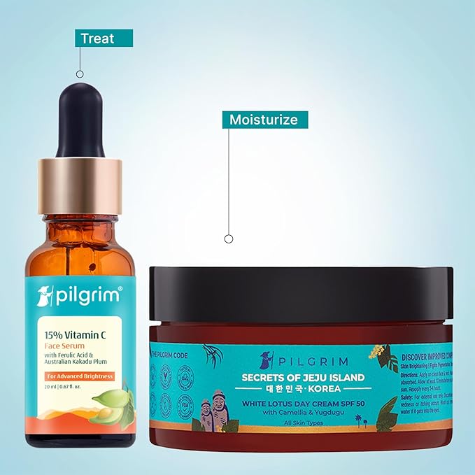 Pilgrim Glowing Skincare Combo: Korean White Lotus Day Cream SPF 50 (PA+++) & 15% Vitamin C Serum (20ml) | With Ferulic Acid & Australian Kakadu Plum | Hydrates, Evens Tone & Fights Pigmentation