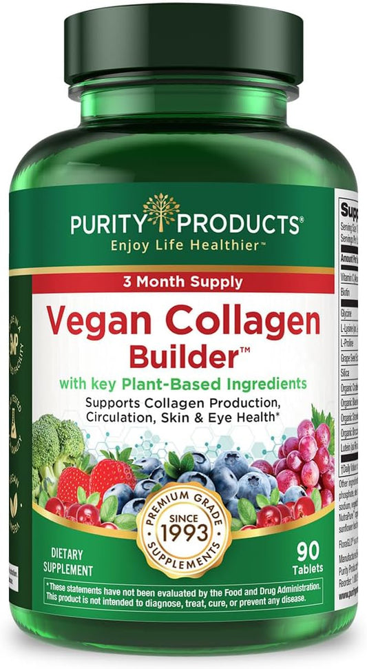 Purity Products Vegan Collagen Builder - Organic Whole Foods Fruits + Veg, Silica, Lutein, Vitamin C, Biotin, Grape Seed - Amino Acids Glycine, Lysine + Proline Collagen Boosters - 90 Tablets