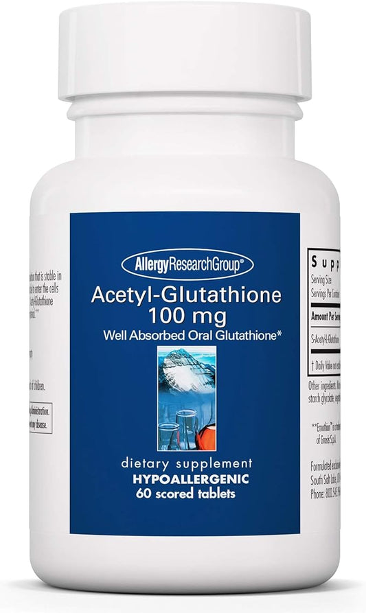 Allergy Research Group Acetyl-Glutathione - S-Acetyl-L-Glutathione, Well Absorbed, Immune Support, 100 mg Supplement, Hypoallergenic, Scored Tablets - 60 Count