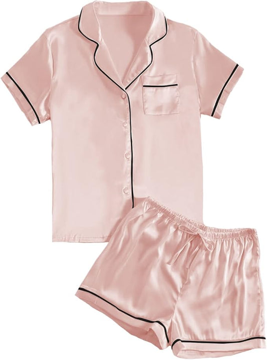 LYANER Women's Satin Silky Short Sleeve Button Shirt Sleepwear 2Piece Pajama Set