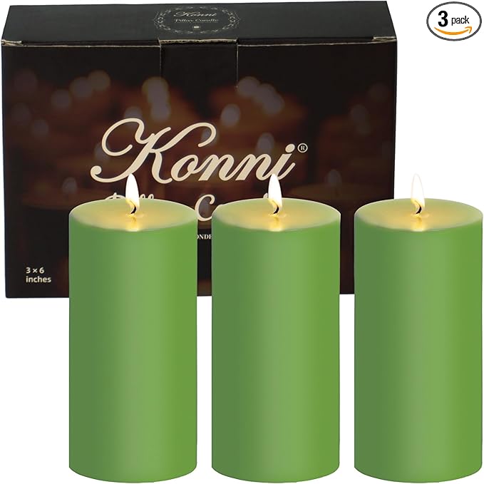KONNI Green Pillar Candles Set of 3, 3"x 6" Unscented Pillar Candles Bulk, 56 Hours Long Burning Candles, Smokeless&Dripless Large Round Candle for Wedding, Home Decoration, Parties, Spas, Dinner