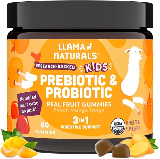 Llama Naturals Kids Probiotic with Prebiotic Fiber, Vegan, Organic Prebiotics and Probiotics Gummies for Gut Health Support, Toddler Real Fruit Gummy Vitamins, No Added Sugar Cane, Peach Mango, 60 Ct