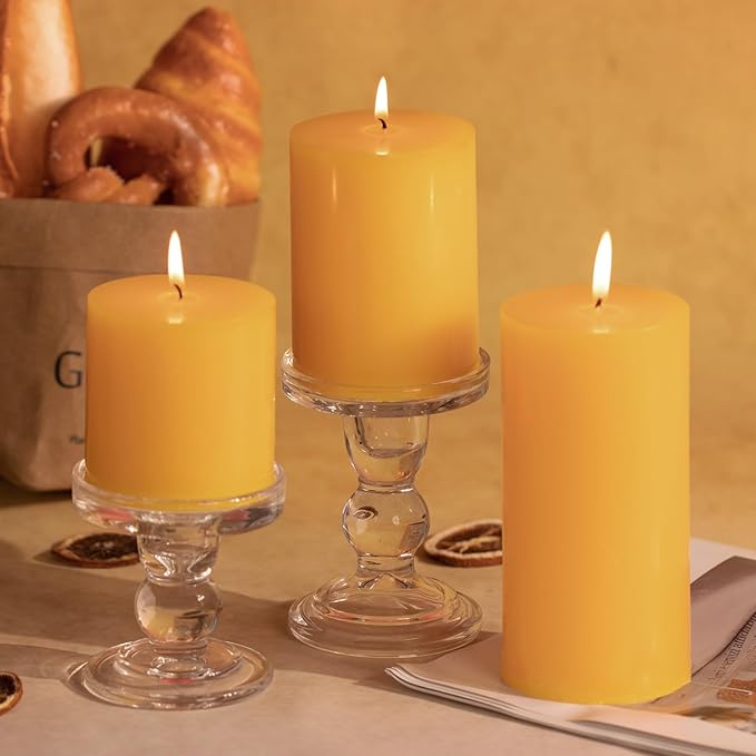 KONNI Yellow Pillar Candles Set of 3, 3"x 4" Unscented Pillar Candles Bulk, 39 Hours Long Burning Candles, Smokeless&Dripless Large Round Candle for Wedding, Home Decoration, Parties, Spas, Dinner