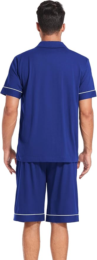 COLORFULLEAF Men's 100% Cotton Short Sleeve Pajama Sets Button Down Notched Collar Sleepwear Soft Lounge Pjs with Pockets