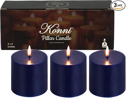 KONNI Navy Blue Pillar Candles Set of 3, 3"x 3" Unscented Pillar Candles Bulk, 30 Hours Long Burning Candles, Smokeless&Dripless Large Round Candle for Wedding, Home Decoration, Parties, Spas, Dinner
