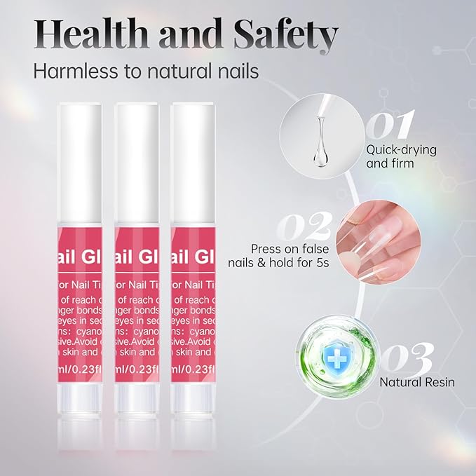 krofaue 100PCS Clear False Nails Tips and Nail Gule Kit, Half Cover Lady French Style Acrylic Artificial Tips 3Pcs Nail Glue for Nail Extension kit Nail Tips Art Salons and Home DIY